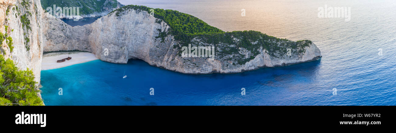 Greece, Zakynthos, XXL panorama view of navagio or shipwreck beach from above Stock Photo