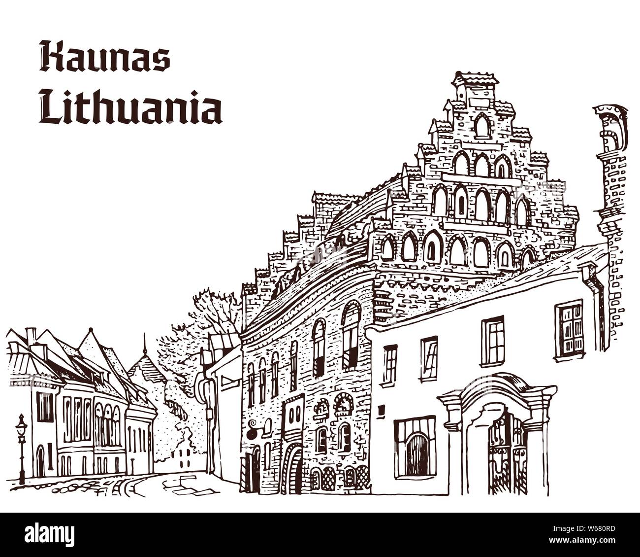 Street of Kaunas Old Town, Lithuania. Historical architecture, medieval houses, cathedral. Baltic states landmark. Postcard, coloring page. Hand drawn Stock Vector