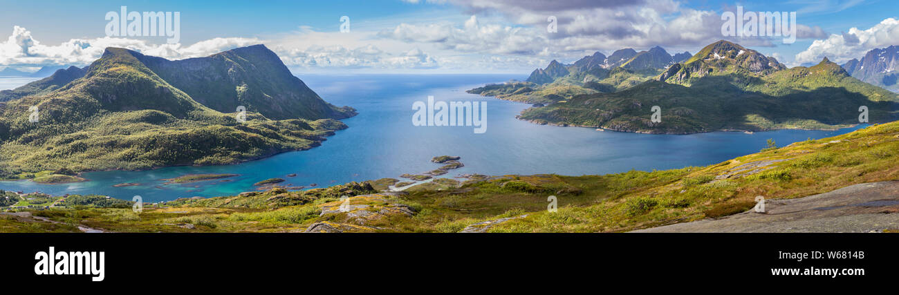 View from the mountain Digermulkollen to Digermulen and the fjord, Lofoten Islands, Norway Stock Photo