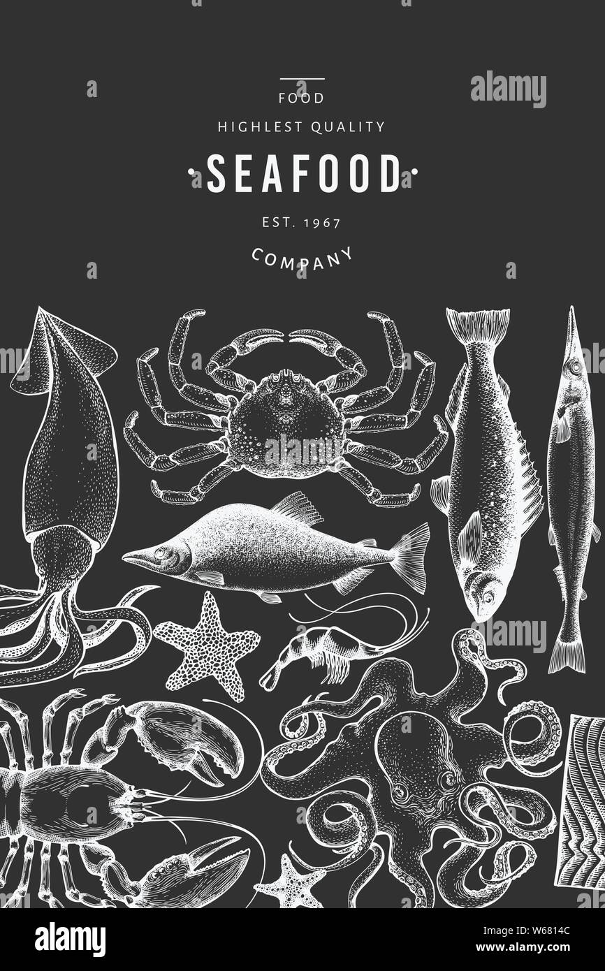 Seafood and fish design template. Hand drawn vector illustration on ...