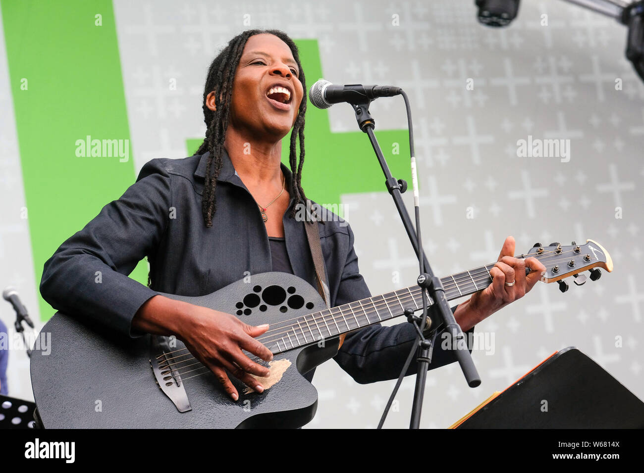 Concert of the Caribbean christian reaggae, rock and pop singer JUDY BAILEY at the German Protestant Church Congress 2019 in Dortmund/Germany. Judy Bailey lives in Germany. Stock Photo