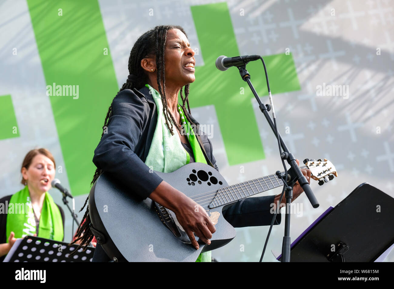 Concert of the Caribbean christian reaggae, rock and pop singer JUDY BAILEY at the German Protestant Church Congress 2019 in Dortmund/Germany. Judy Bailey lives in Germany. Stock Photo
