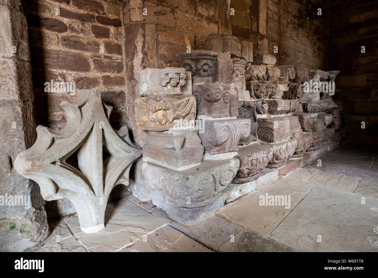 The Lapidarium at Hereford Cathedral. A collection of carved stones and monuments, England Stock Photo