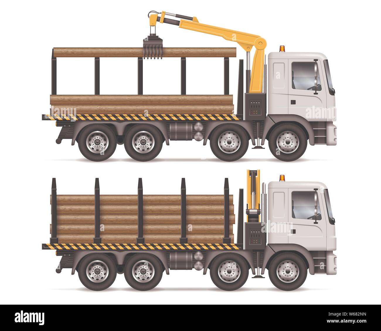 Logging truck side view isolated on white background. Forestry and wood production vehicle vector mockup. All elements in groups on separate layers Stock Vector