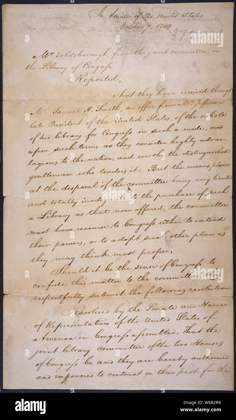 Report from the Joint Committee on the Library of Congress regarding the purchase of Thomas Jefferson's Library, 10/07/1814 Stock Photo