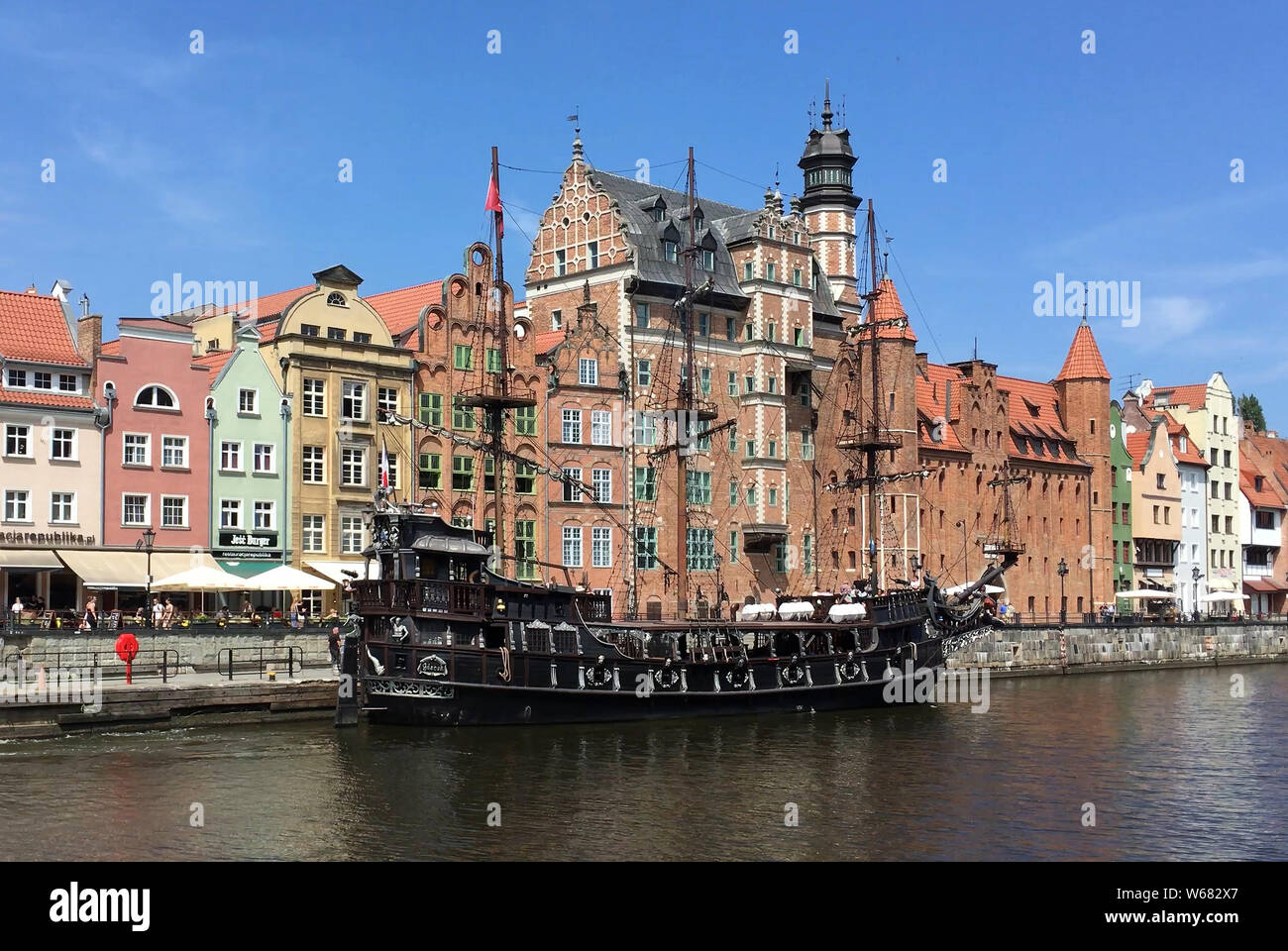 Cityscape of Gdansk with ship on the river Motlawa - Poland. Stock Photo