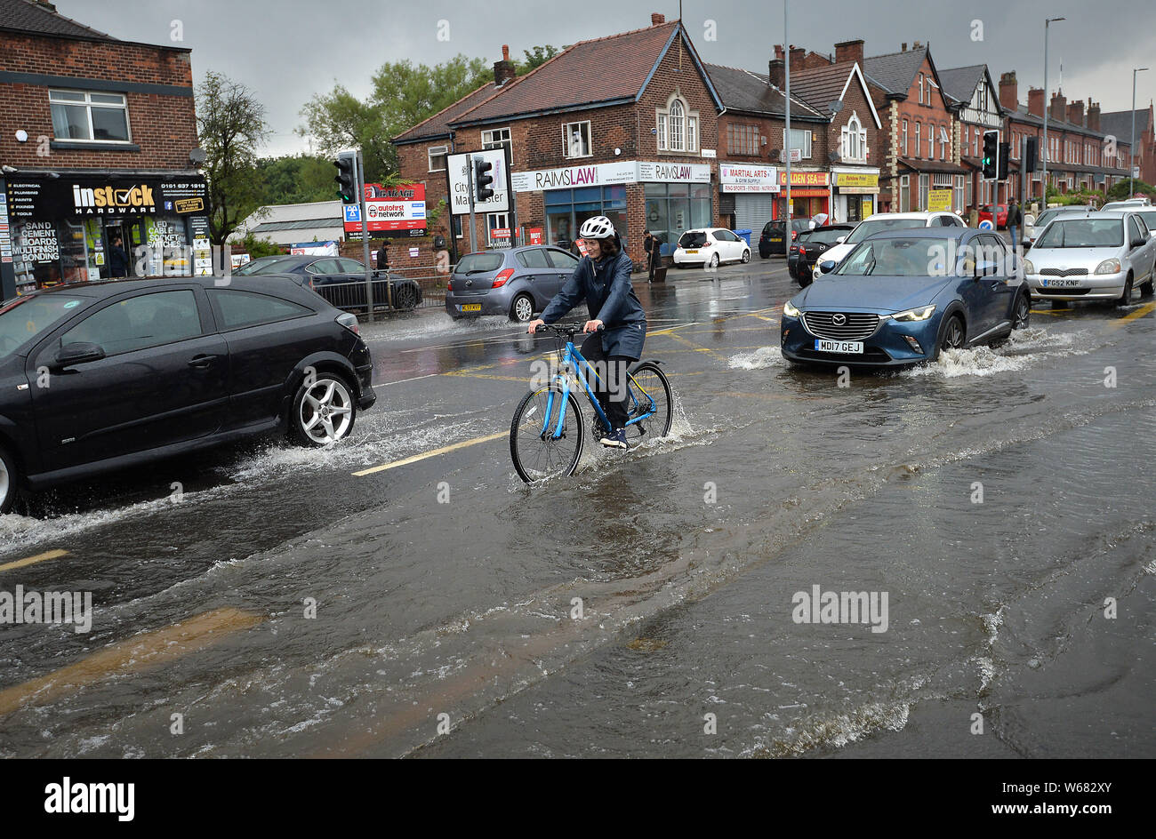 A flooded Wellington Road in Manchester. Stock Photo