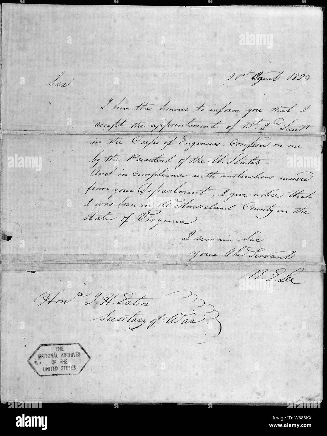 Robert E. Lee's Acceptance of the Appointment of Brevet 2nd Lieutenant in the Army Corps of Engineers; Scope and content:  Robert E. Lee began his military career in the U.S. Army. With this document, Lee accepted his first military commission upon graduation from the U.S. Military Academy at West Point in 1829. General notes:  Exhibit History: American Originals, December 1995 - June 1996, National Archives Rotunda, Washington, DC, Exhibit No. 624.0019. Stock Photo
