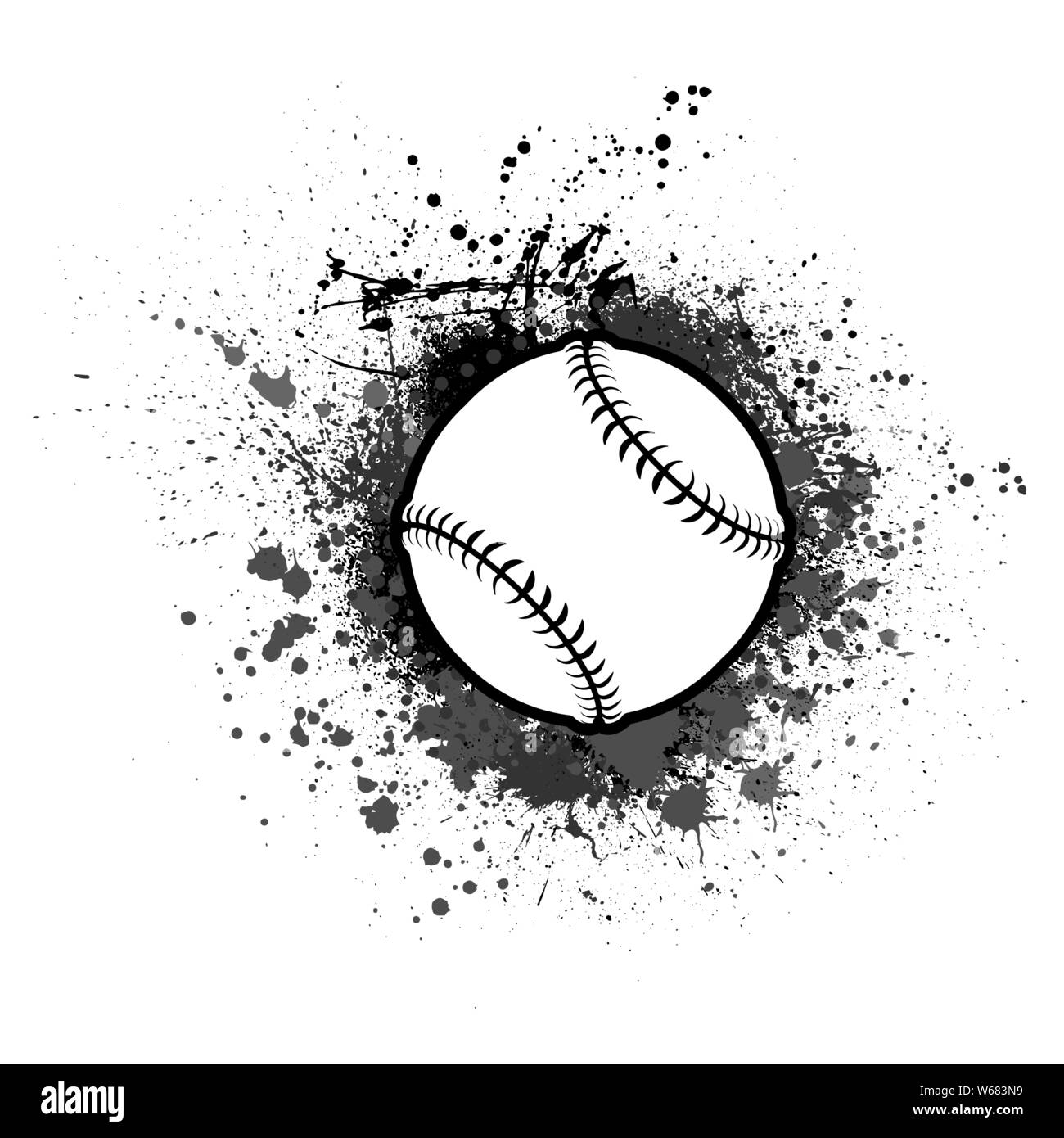 Grunge ink blots background with outline baseball symbol Stock Vector