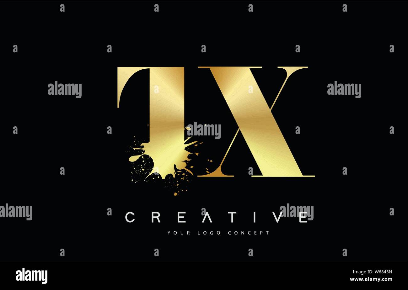 TX T X Letter Logo with Gold Melted Metal Splash Vector Design Illustration. Stock Vector