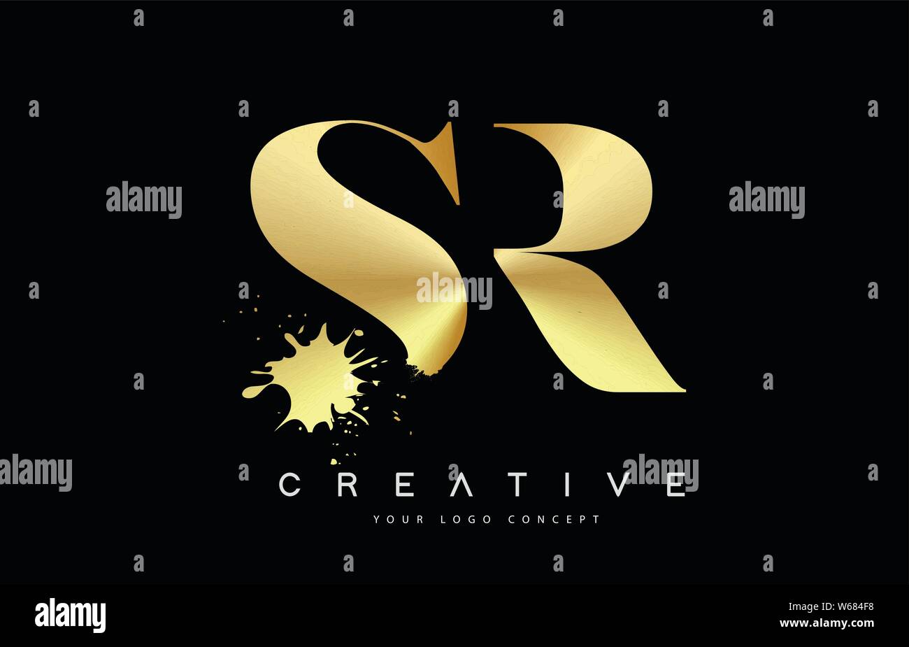 SR S R Letter Logo with Gold Melted Metal Splash Vector Design Illustration. Stock Vector
