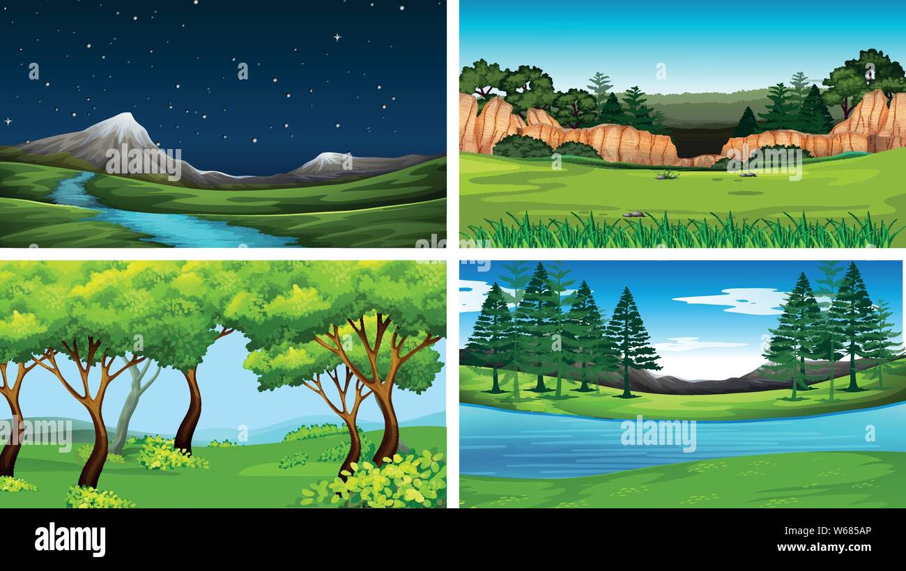 Day Scene Set of day and night nature scenes illustration Stock Vector Image ...