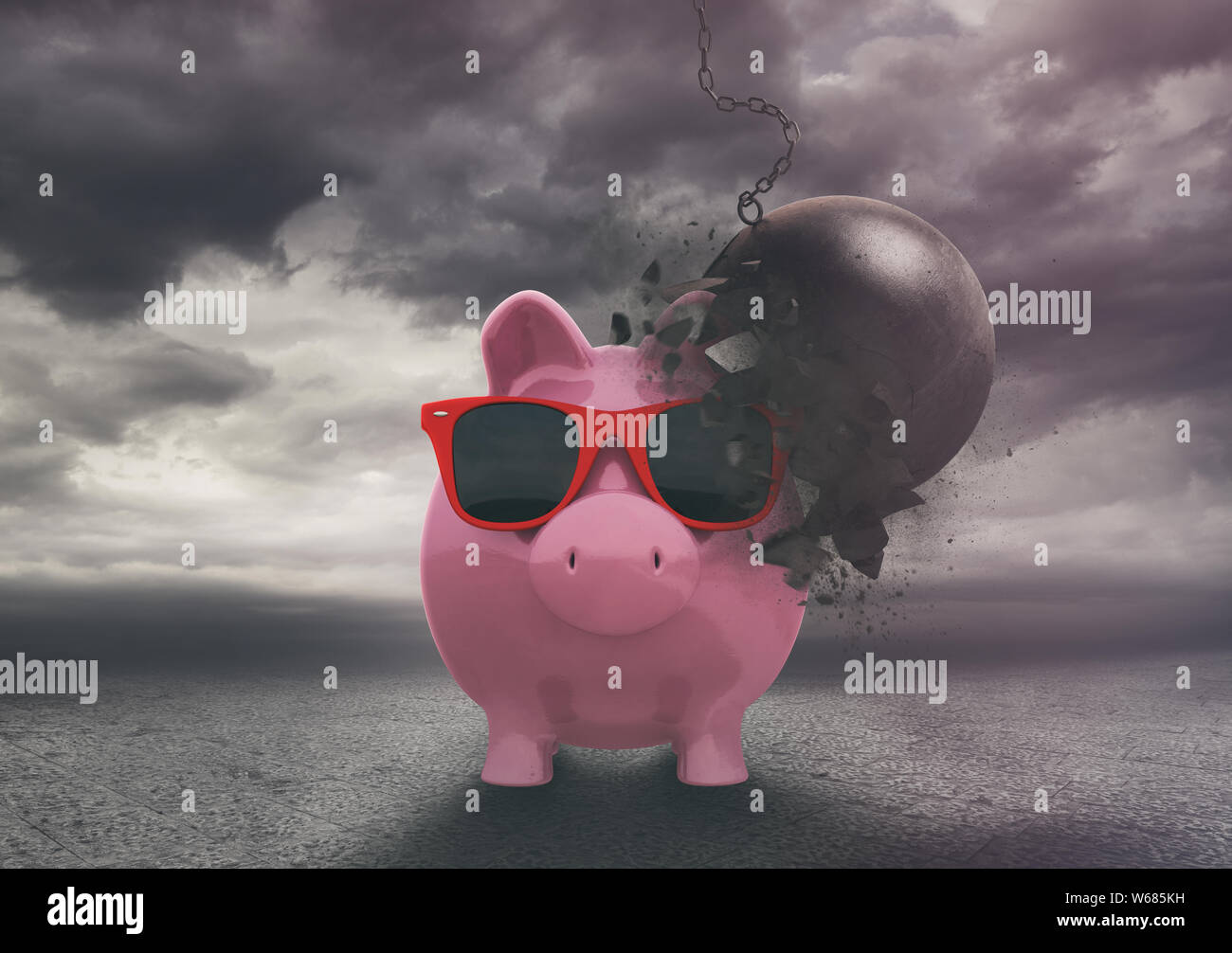 Piggy bank resists a demolition ball during a storm . Reliable and secure financial product Stock Photo