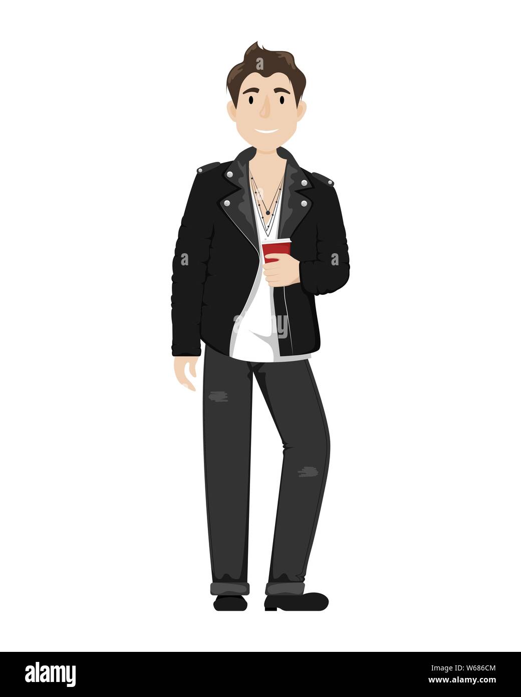 A fashionable young guy in a leather biker jacket, black jeans and a paper Cup of coffee. Stock Vector