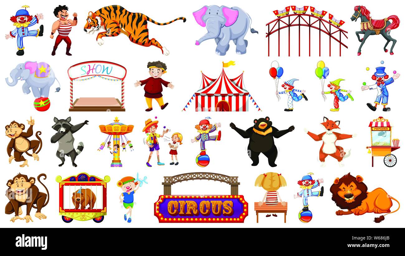 Circus set with animals rides and clowns on isolated background ...