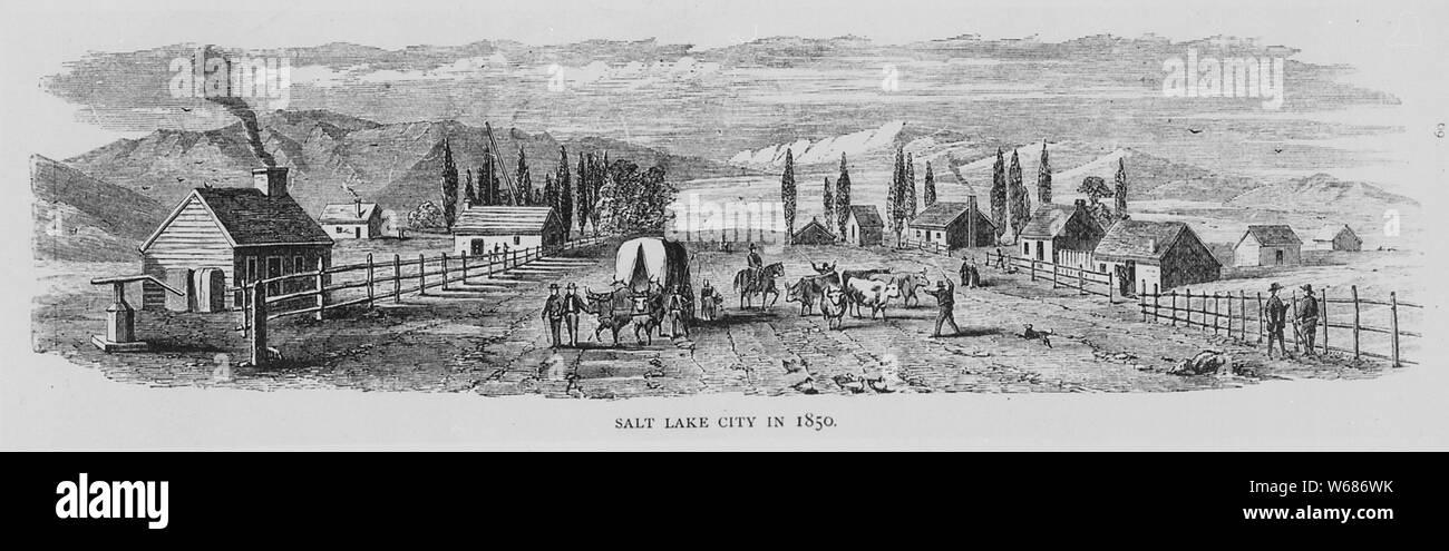 Salt Lake City in 1850., 1850; Scope and content:  Engraving from American Pictures Drawn with Pen and lnk by Samuel Manning (London. 1876). Stock Photo