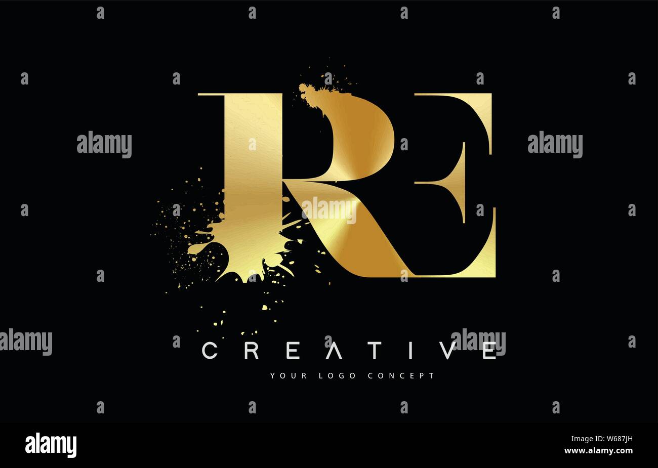 RE R E Letter Logo with Gold Melted Metal Splash Vector Design ...
