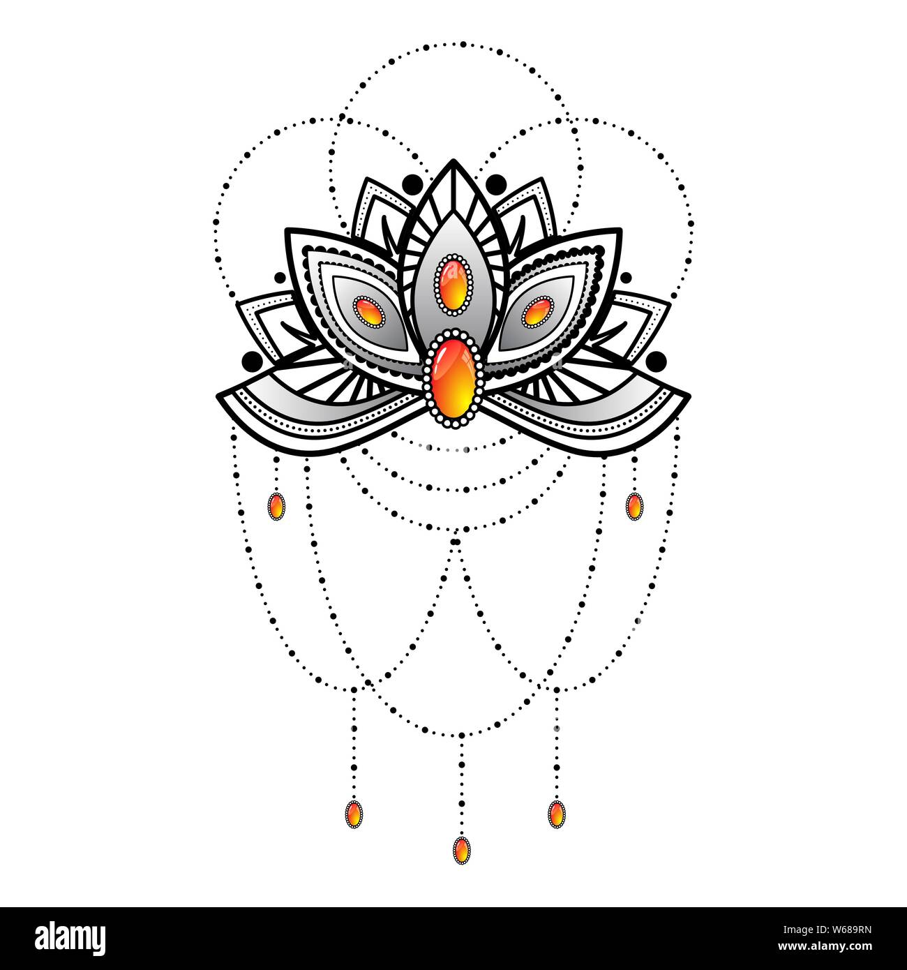 Black outline flower dotted tatoo silhouette with orange gems Stock Vector