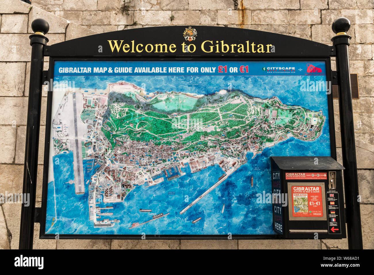 Gibraltar, UK. Tourist office map of Gibraltar with pocket guides to buy Stock Photo