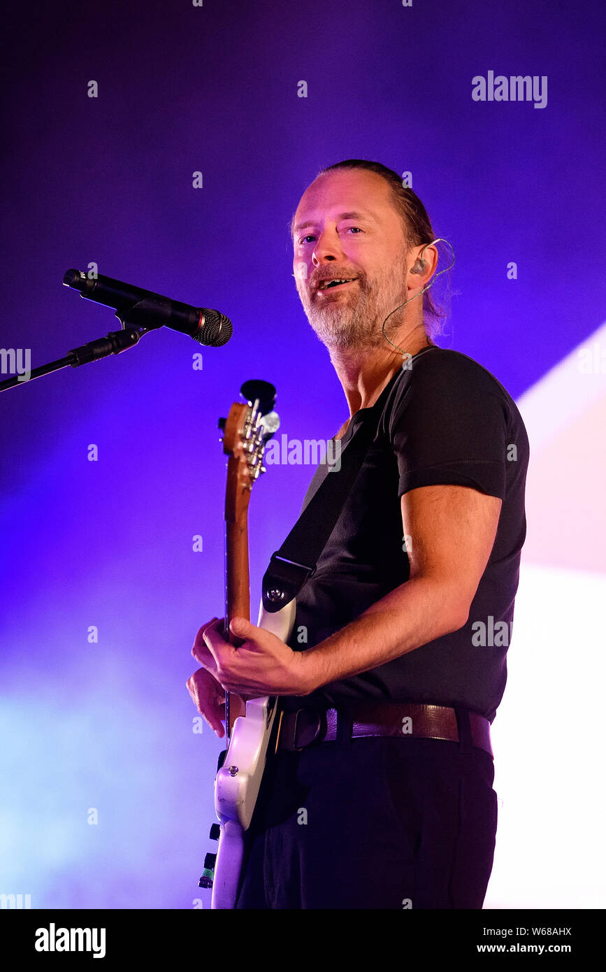 BILBAO, SPAIN - JUL 11: Thom Yorke performs in concert at BBK Live 2019 Music Festival on July 11, 2019 in Bilbao, Spain. Stock Photo