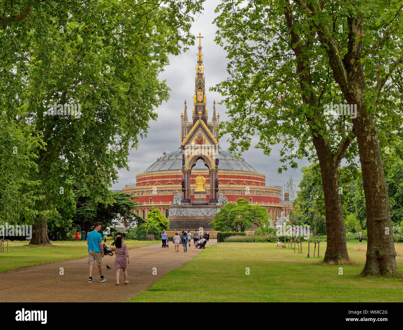 The Albert Memorial and Royal Albert Hall framed by trees seen from