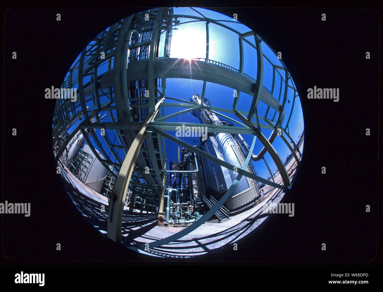 A fisheye view looking through a Louisiana oil refinery, USA Stock Photo