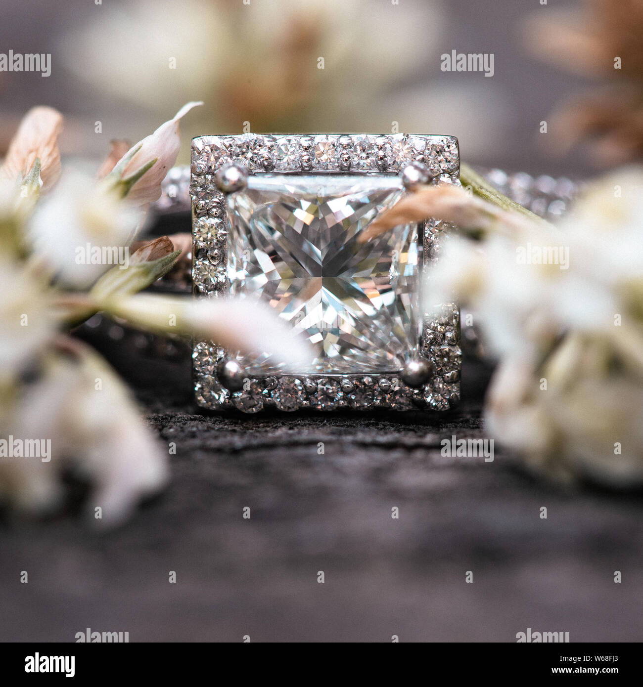 Engagement Ring Splay surrounded by white flowers Stock Photo