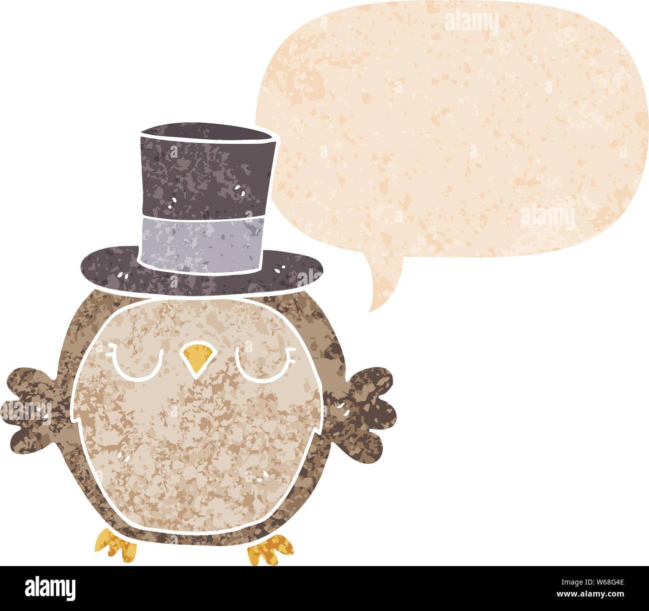cartoon owl wearing top hat with speech bubble in grunge distressed ...