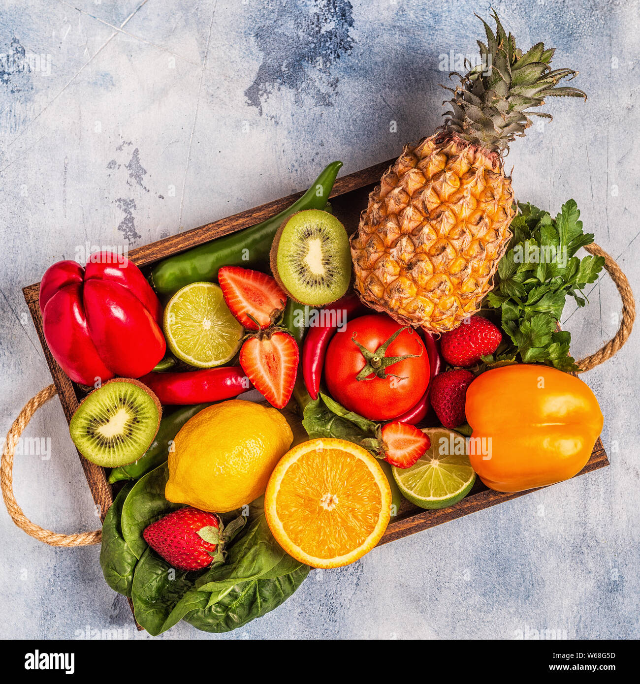 Fruits and vegetables rich in vitamin C in box. Healthy eating. Top view Stock Photo Alamy