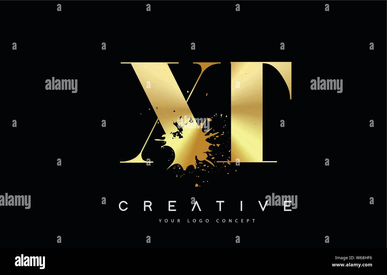 XT X T Letter Logo with Gold Melted Metal Splash Vector Design Illustration. Stock Vector