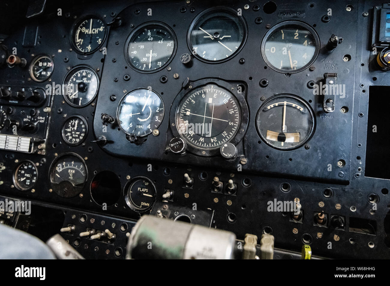 DONCASTER, UK - 28TH JULY 2019: Close up of a planes cockpit showing instruments and panels from a two seater airplane Stock Photo