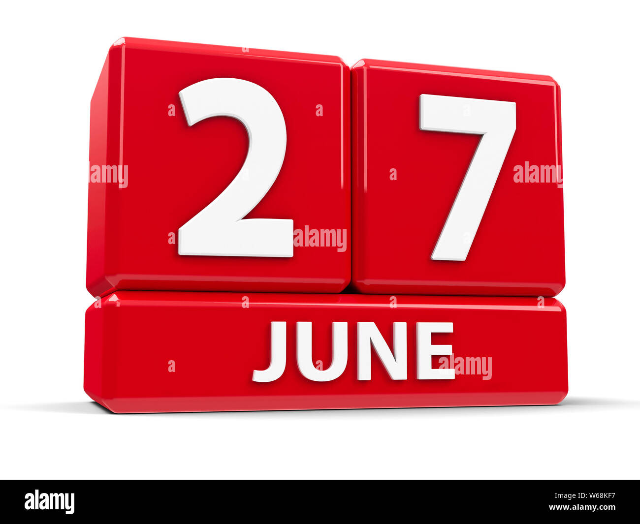 Red cubes - The Twenty Seventh of June - on a white table - World Fisheries Day, Micro-, Small and Medium-sized Enterprises Day, Canadian National Ant Stock Photo