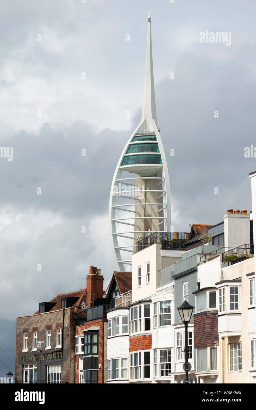 Historic houses in Old Portsmouth with the Spinnaker Tower opened in 2005 in the background.  Hampshire, England, United Kingdom Stock Photo
