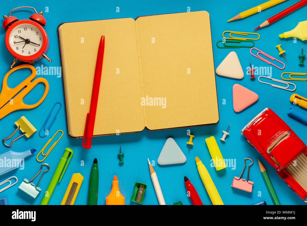 School office supplies on a desk with copy space. Back to school concept. School supplies on