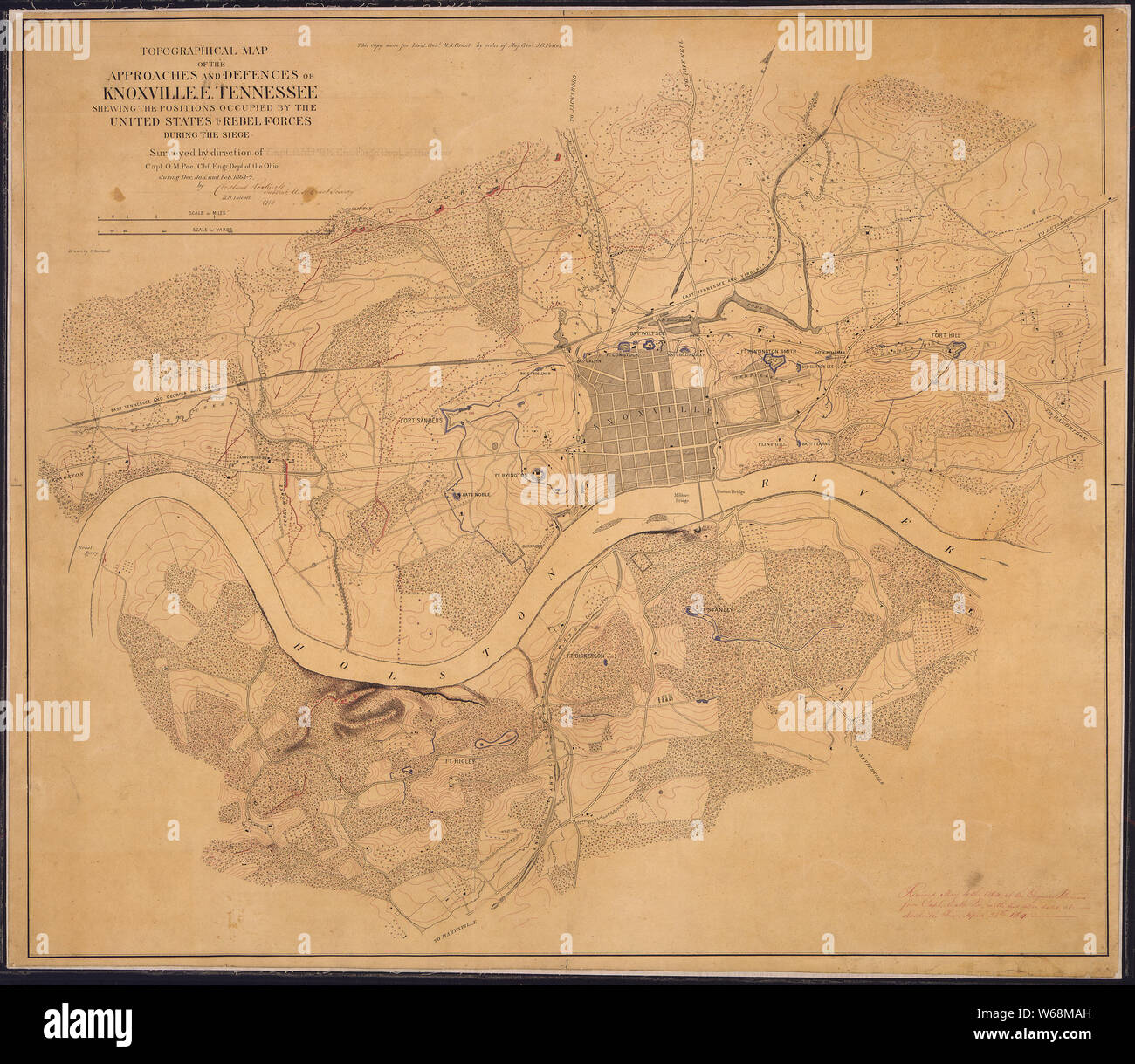 Topographical Map of the Approaches and Defenses of Knoxville, E. Tennessee, Shewing the Positions Occupied by the United States & Rebel Forces during the Siege. Surveyed by direction of Capt. O. M. Poe, Chf. Engr., Dept. of the Ohio, during Dec., Jan., and Feb., 1863-4, by [signed] Cleveland Rockwell, Sub. Asst., U.S. Coast Survey, [and] R. H. Talcott, Aid ... Drawn by C. Rockwell. Stock Photo