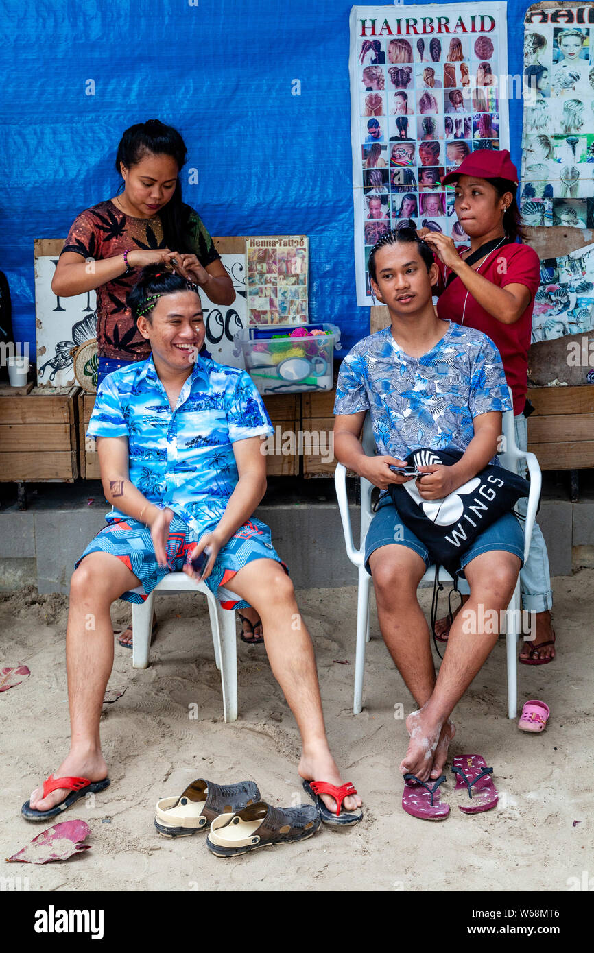 Two Young Men Having Their Hair Braided, Boracay, Aklan Province, The