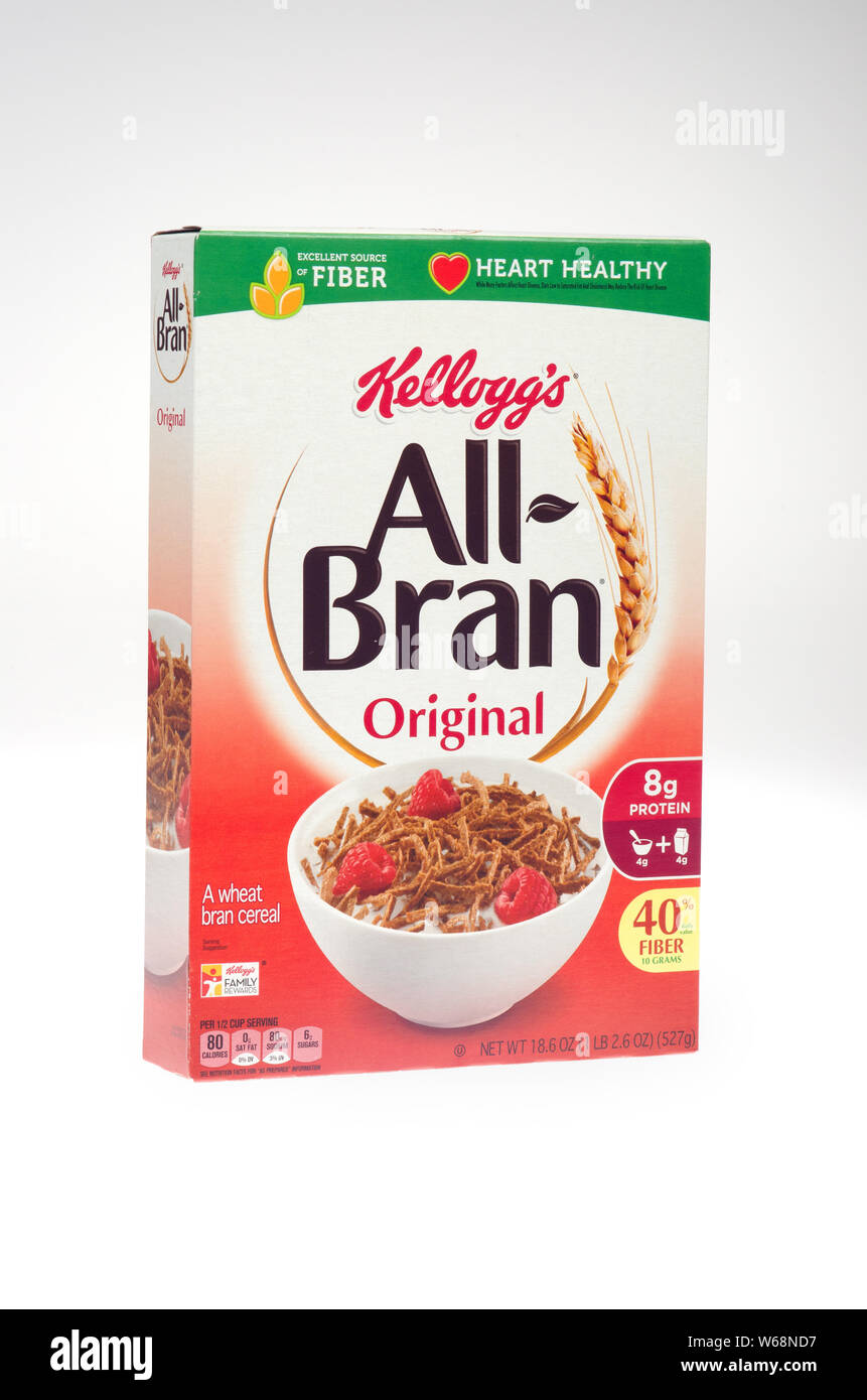 Kellogg’s All-Bran Original wheat bran high fiber cereal box Stock Photo