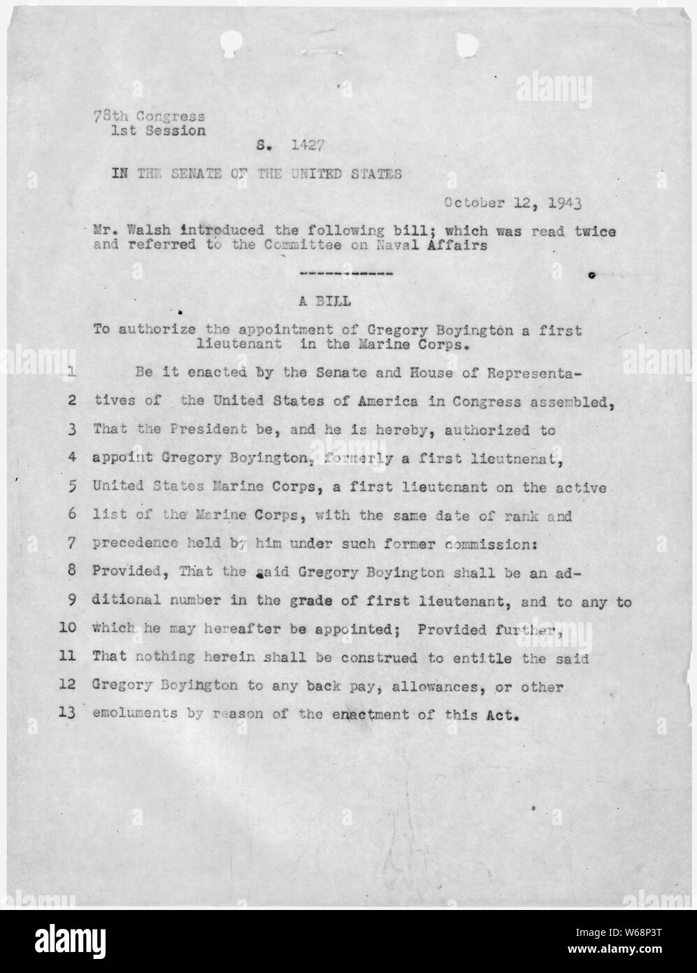 Typescript copy of a bill introduced to the 78th Congress to authorize the appointment of Boyington as a First Lieutenant in the Marine Corps (regular). Stock Photo