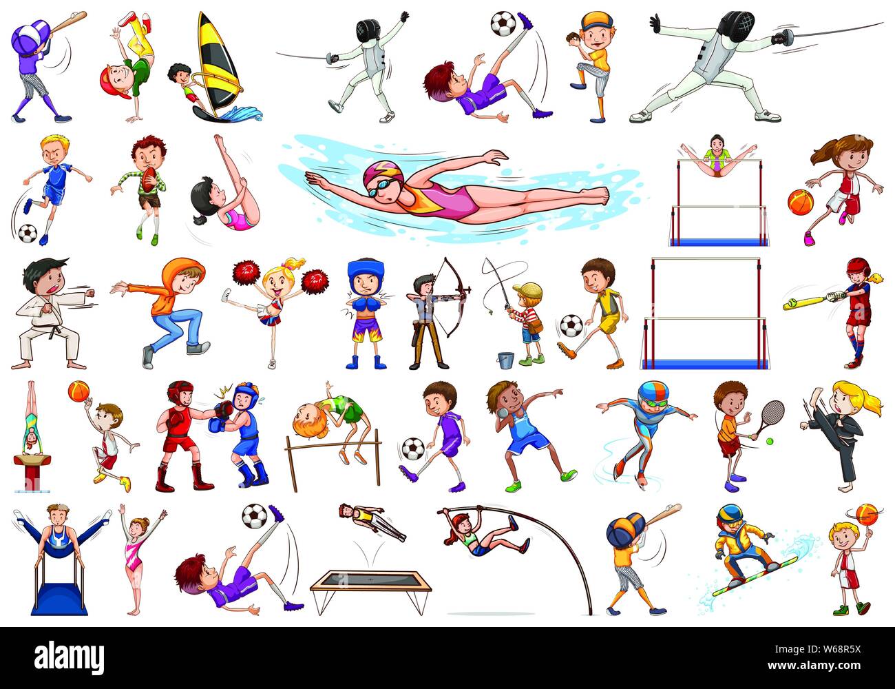 Sport activities by boys, girls, kids, athletes isolated illustration Stock Vector