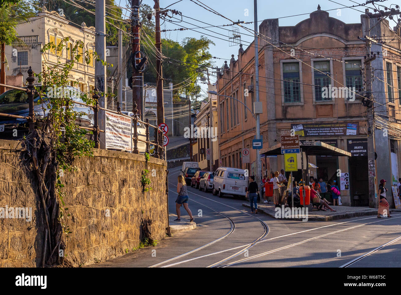 Santa Teresa, Rio de Janeiro, Brazil - July 24, 2016: The Largo do Guimaraes and Almirante Alexandrino street at Santa Teresa district. Stock Photo