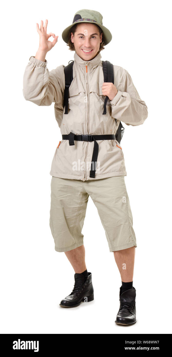young man - tourist with backpack on a white background Stock Photo