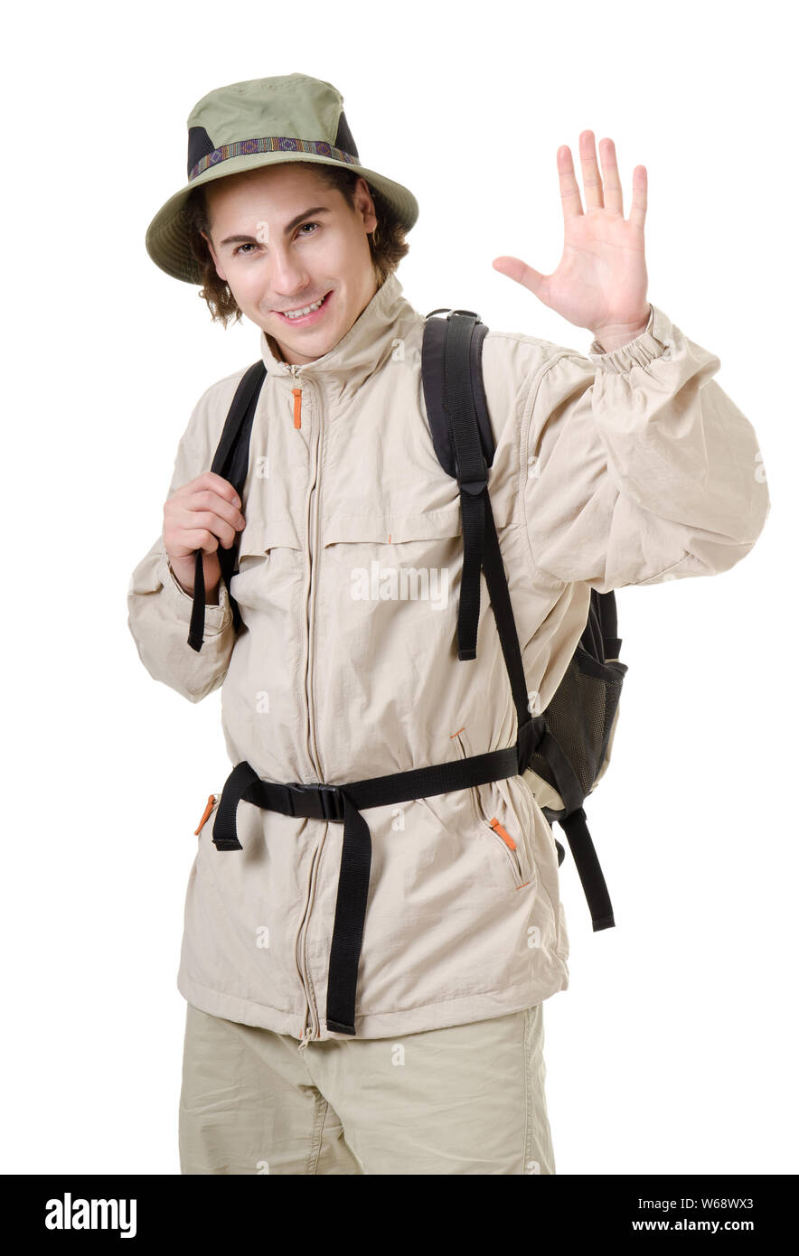 young man - tourist with backpack on a white background Stock Photo