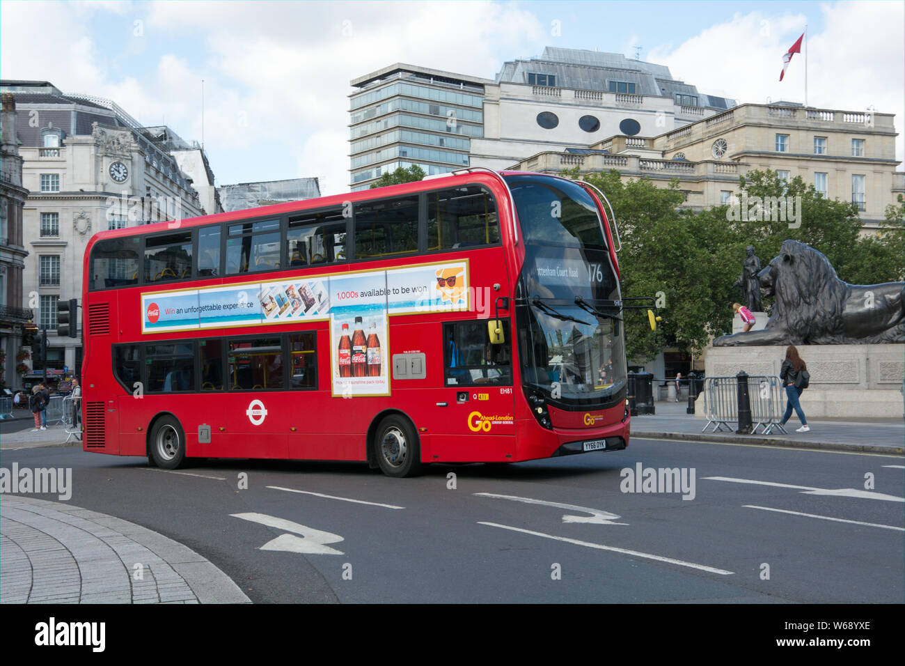 A hybrid bus operated by Go-Ahead London passes Trafalgar Square on route  176 to Tottenham Court Road Stock Photo - Alamy