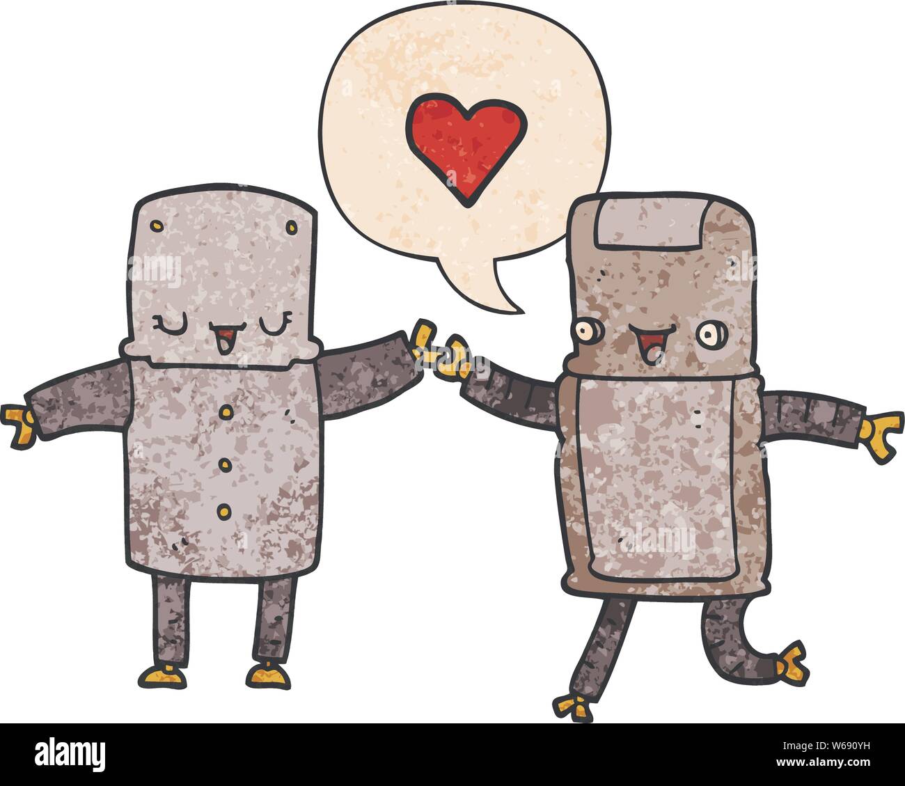 cartoon robots in love with speech bubble in retro texture style Stock ...
