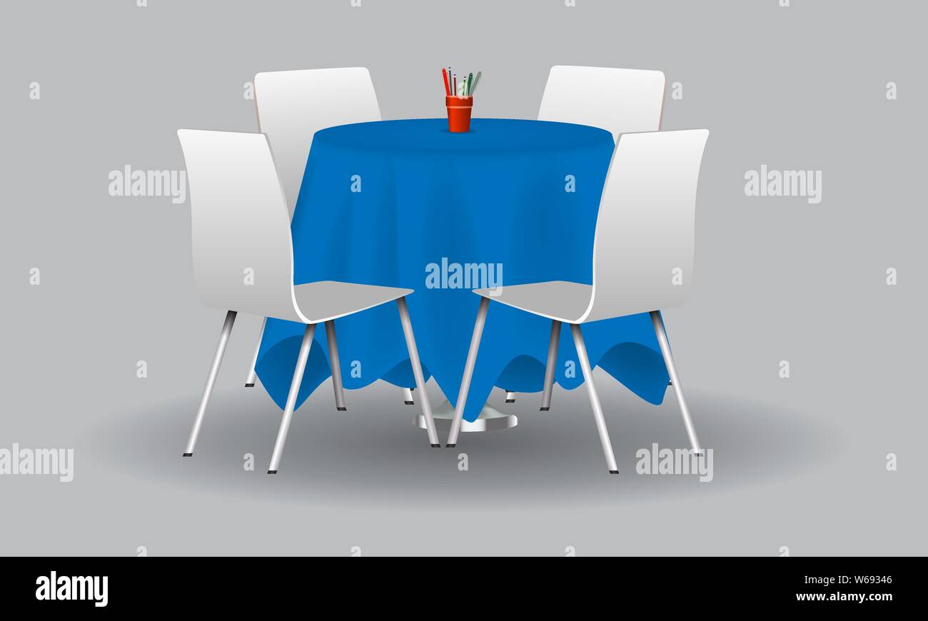 Blue Modern round table with white chairs. Vector illustration. Stock Vector
