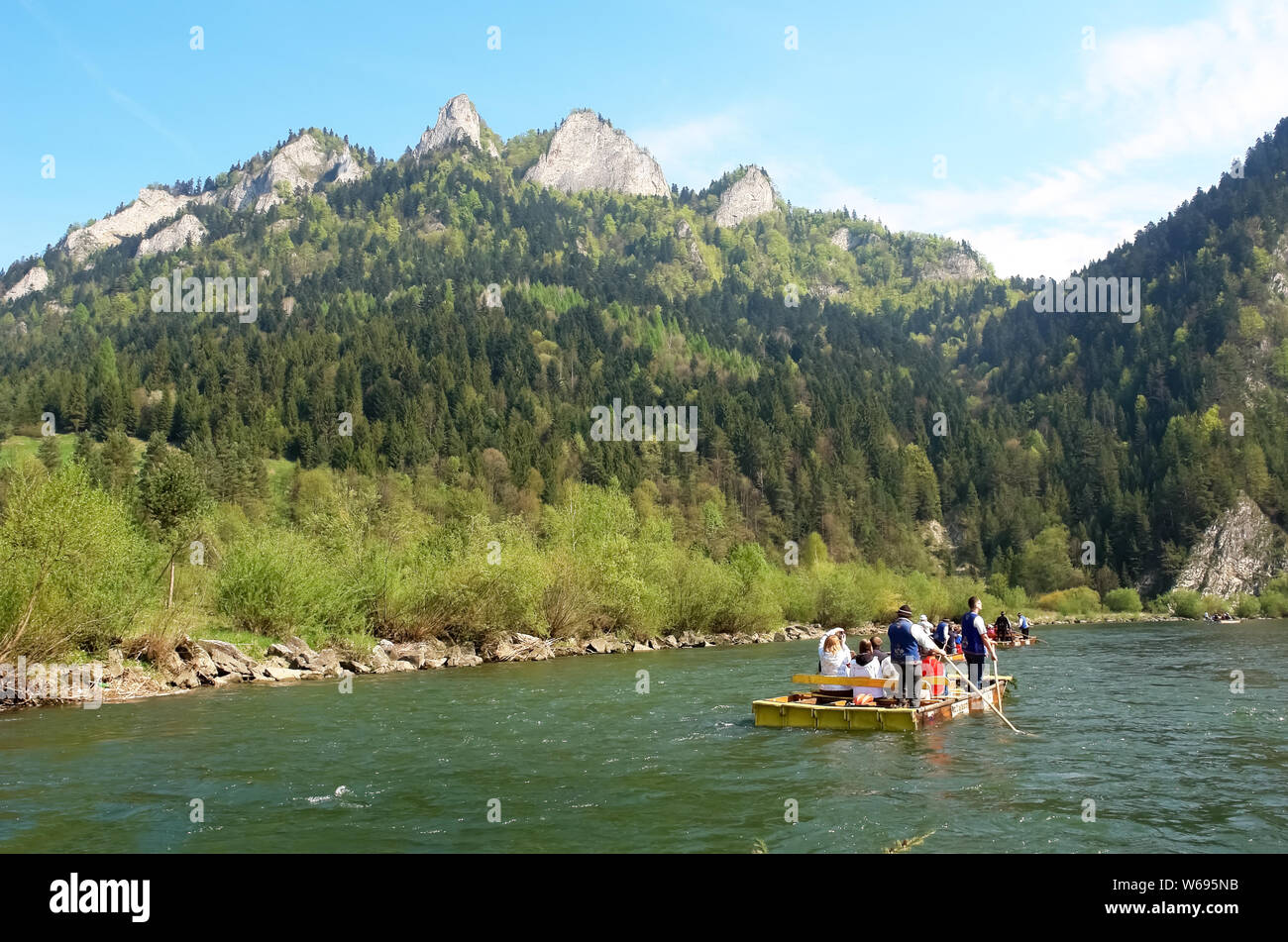 Rafting  of tourists on the river in the Slovak mountains in spring. Stock Photo