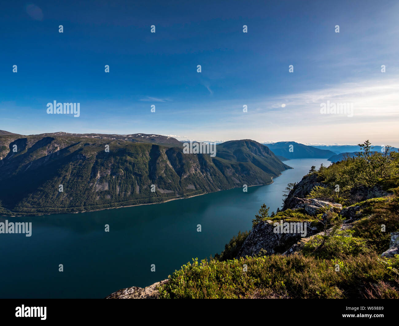 Beautiful scenery on top of a fjord in Norway during summer Stock Photo