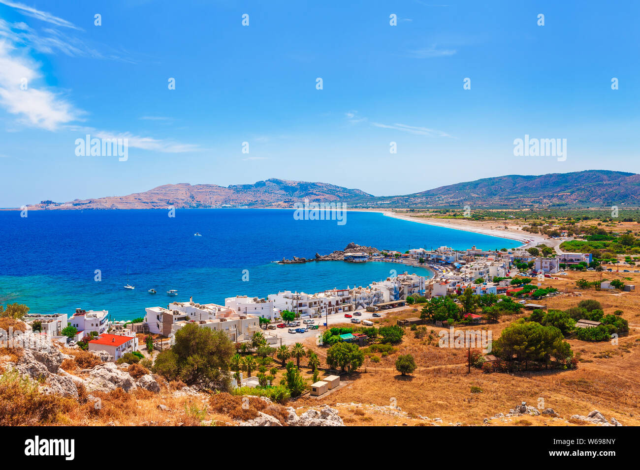 Sea skyview landscape photo from Feraklos castle on Haraki town near Agia Agathi beach on Rhodes island, Dodecanese, Greece. Panorama with clear blue Stock Photo