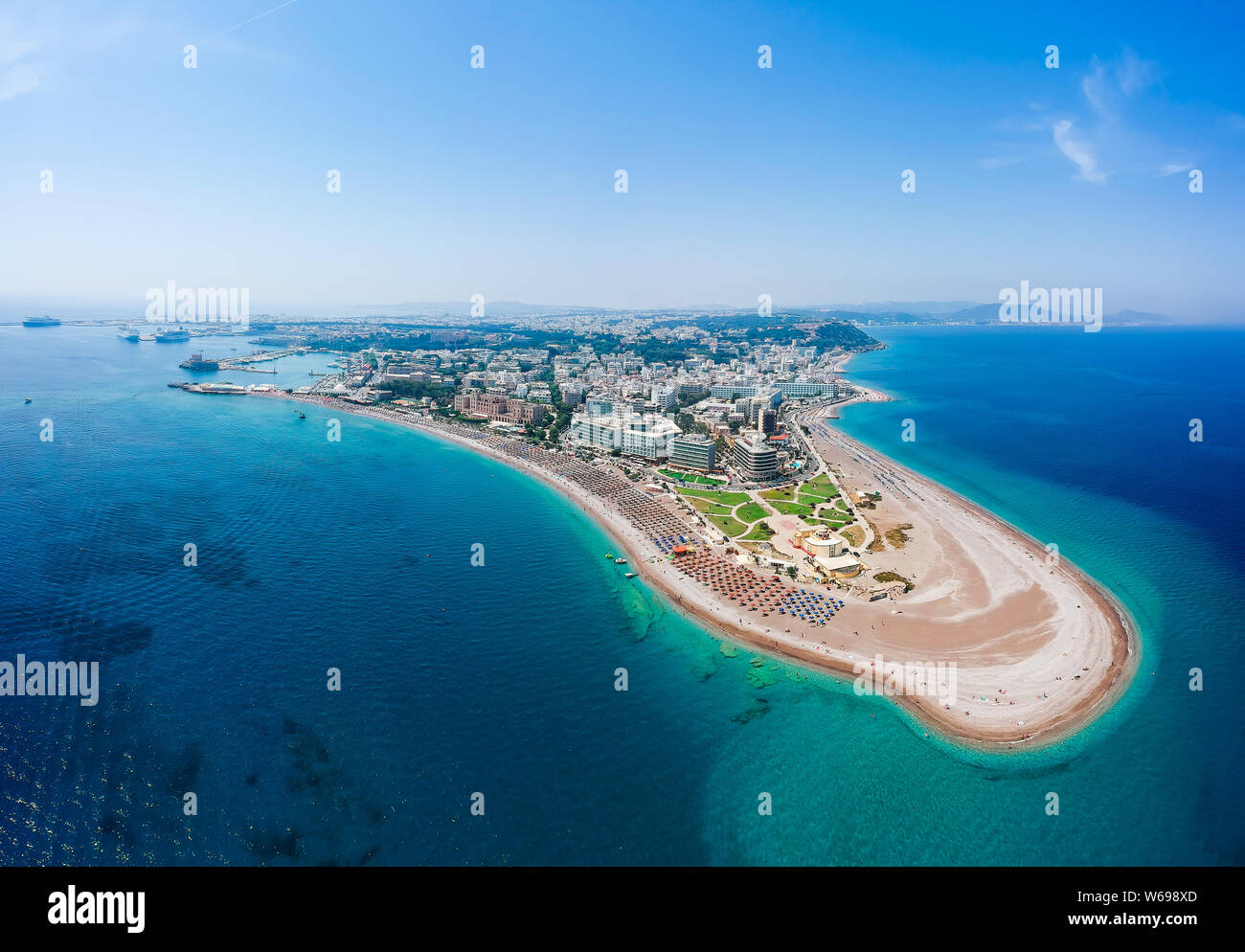 Aerial birds eye view drone photo of Elli beach on Rhodes city island