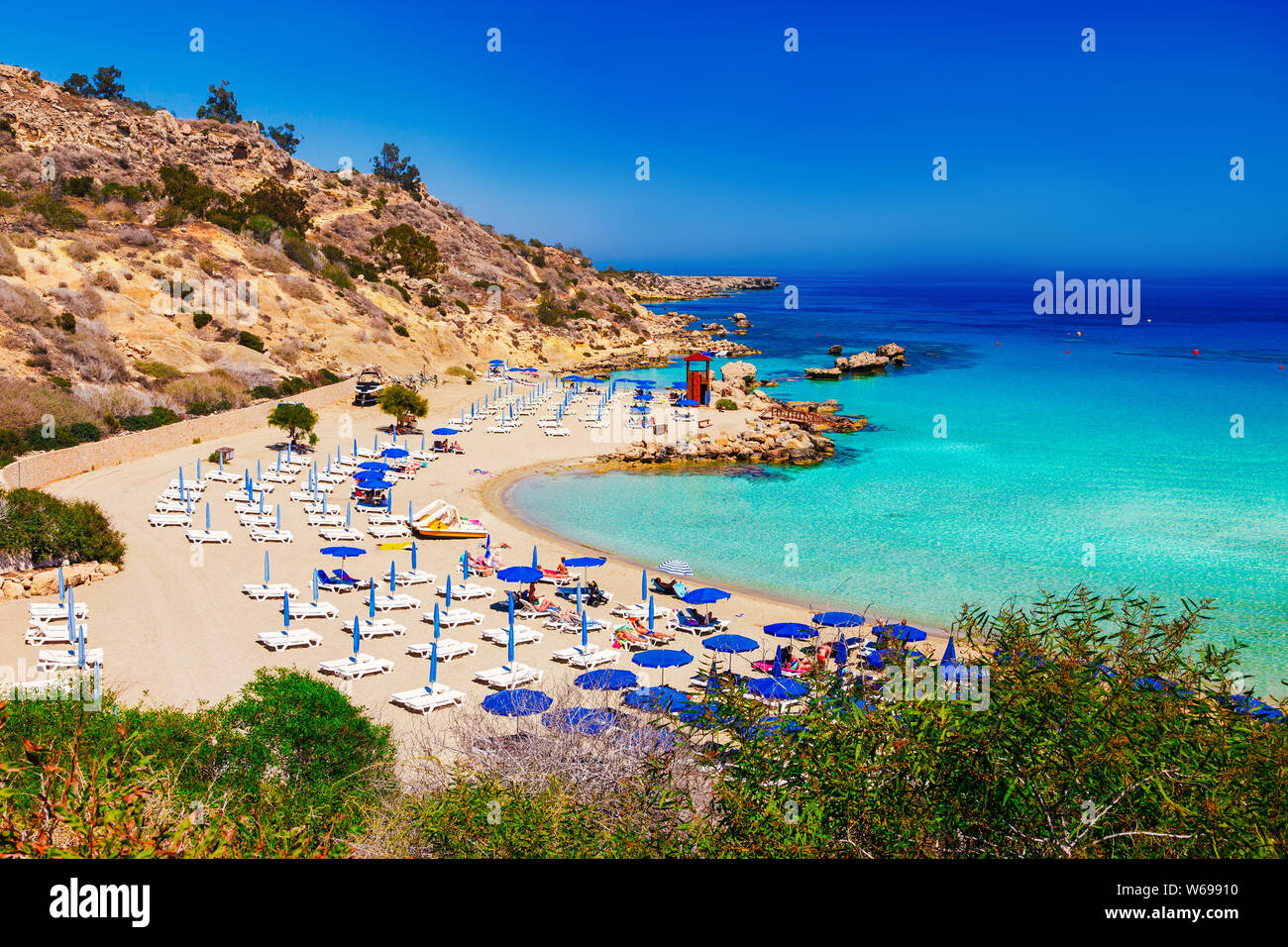 Beautiful landscape near of Nissi beach and Cavo Greco in Ayia Napa, Cyprus island, Mediterranean Sea. Amazing blue green sea and sunny day. Stock Photo